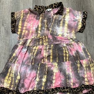 Umgee Large Purple Pink Yellow Leopard Tie-Dye Short Boho Dress
